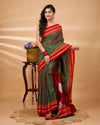 ILKAL Handloom Cotton Silk Saree Fern Green Color with running blouse - IndieHaat