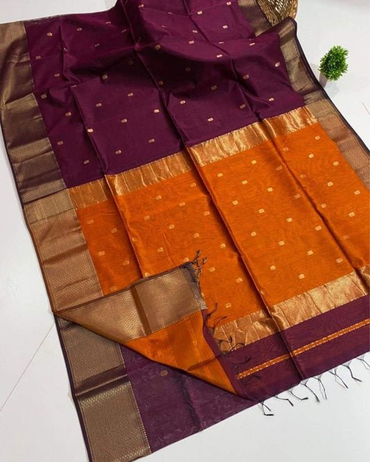 Maheshwari Handloom Handwoven Saree Dark Maroon Color Double Design Zari Border with flower buti pallu and contrast blouse - IndieHaat