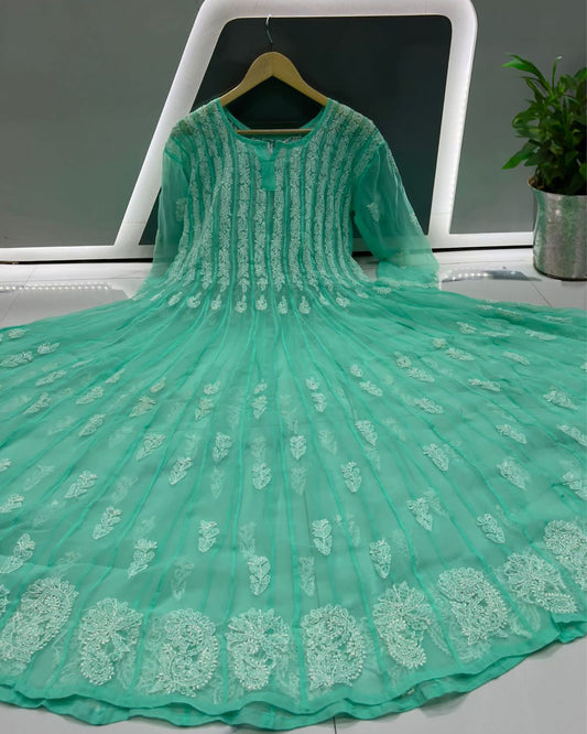 Georgette Anarkali Gown (56 kali) Ocean Green Color Chikankari work with inner - IndieHaat