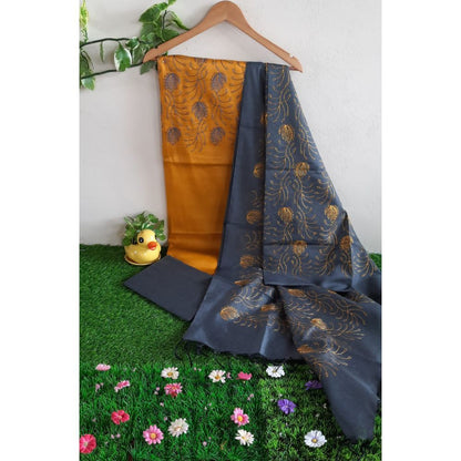 Katan Silk Orange color Suit Piece with Blue Bottom and Dupatta Embroidered-Indiehaat