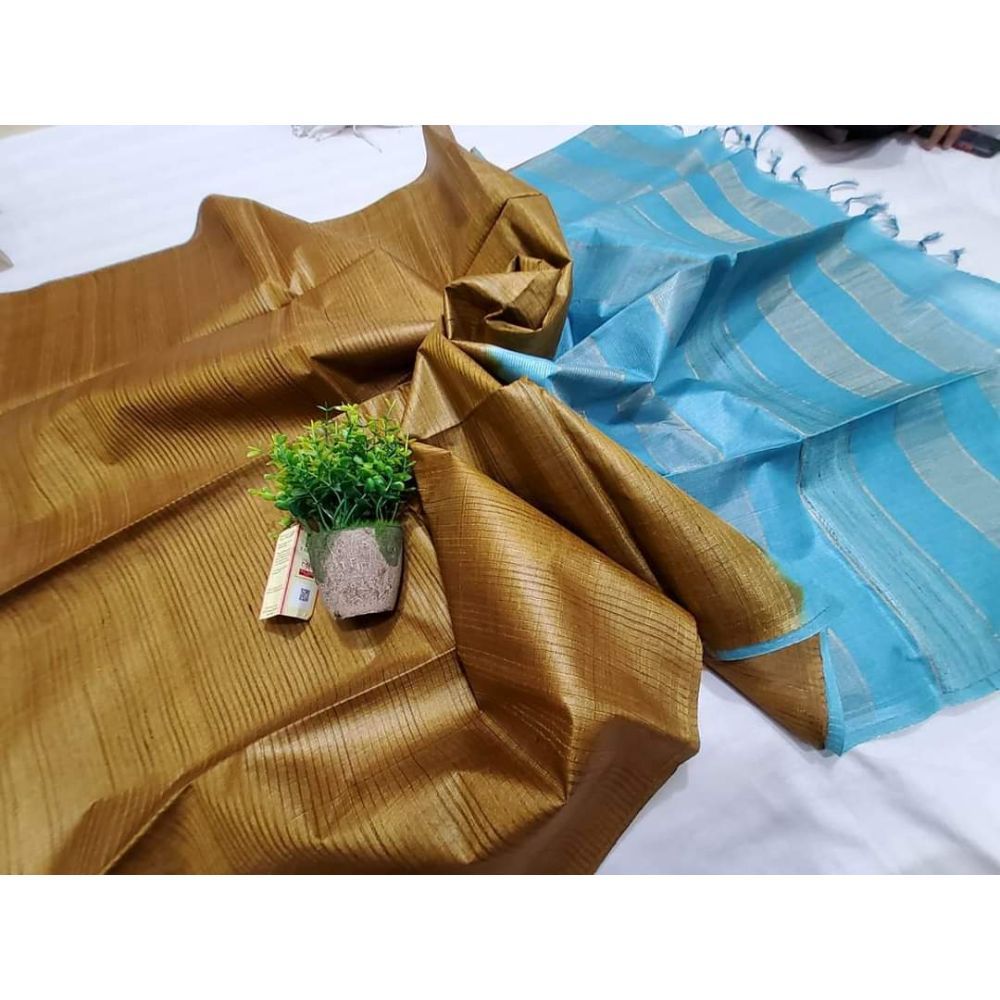 Silkmark Certified Eri Tussar Striped Brown Body Saree with Blue Pallu Colour Blouse-Indiehaat