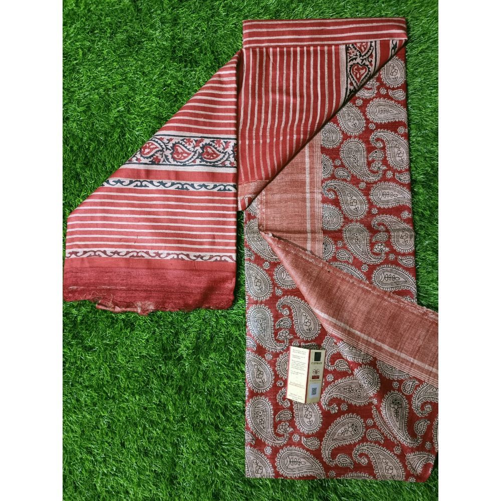 Silkmark Certifiied Tussar Silk Handloom Block Print Saree with Blouse