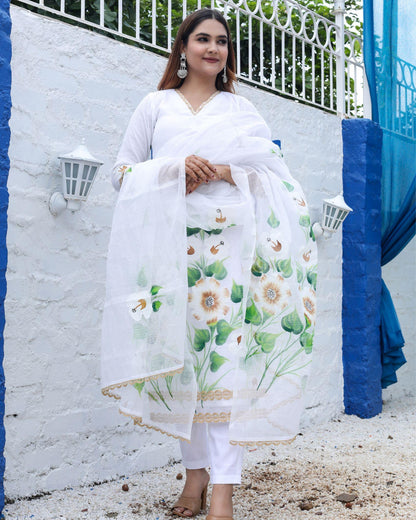 Kota Doria Suit (Top+Bottom+Dupatta) White Color Hand Painting with Stitch embroidery work - IndieHaat