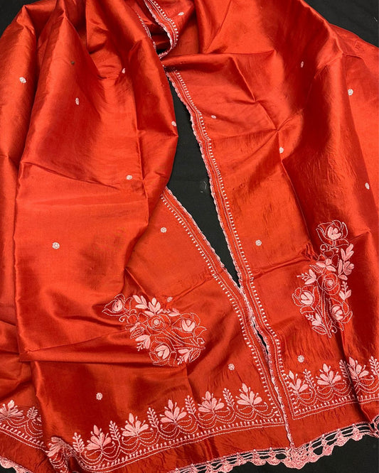 Pure Tussar Silk Dupatta Red Color Chikankari and Crochet work - IndieHaat