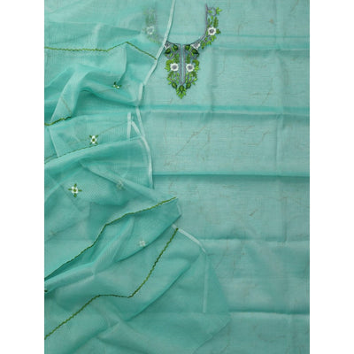 Kota Doria Green Suit Material 2 Piece Embroidered (Only Top and Dupatta)-Indiehaat