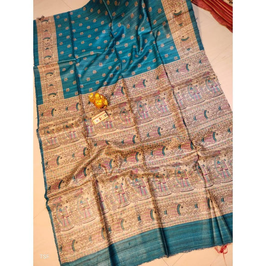 Silkmark Certified Tussar Silk Madhubani Block Print Blue Saree with Blouse-Indiehaat