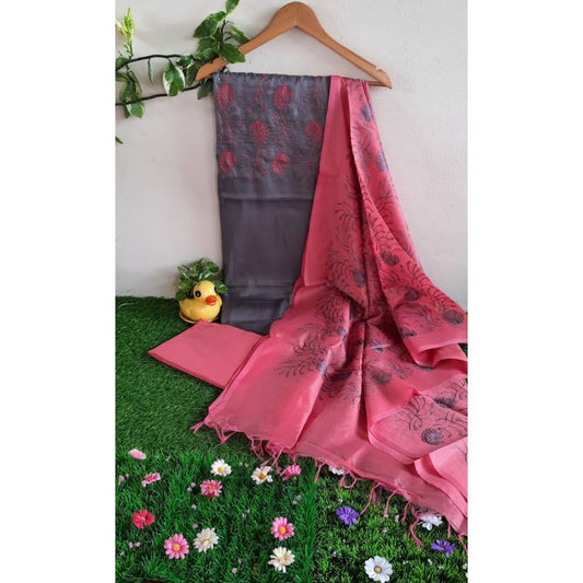 Katan Silk Grey Suit Piece with Pink Bottom and Dupatta Embroidered-Indiehaat