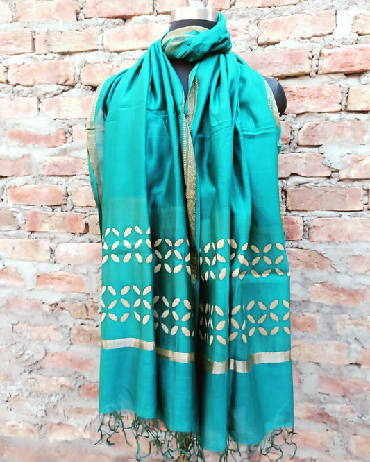 Chanderi Silk Dupatta Turquoise Blue Color Applique Work - IndieHaat