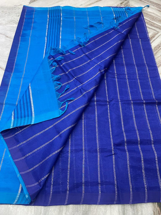 Mangalagiri Plain Pattu Saree Persian Blue Color with Zari Line Weaving, Contrast Pallu and Blouse