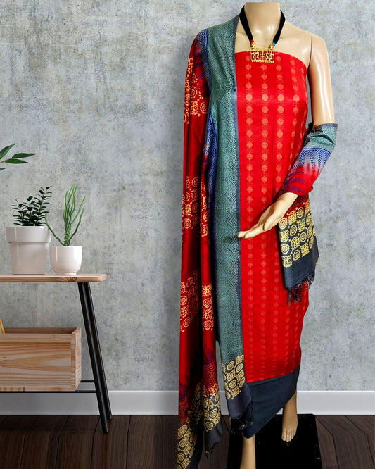 Katan Silk Suit Piece Red Color with Printed Dupatta - IndieHaat