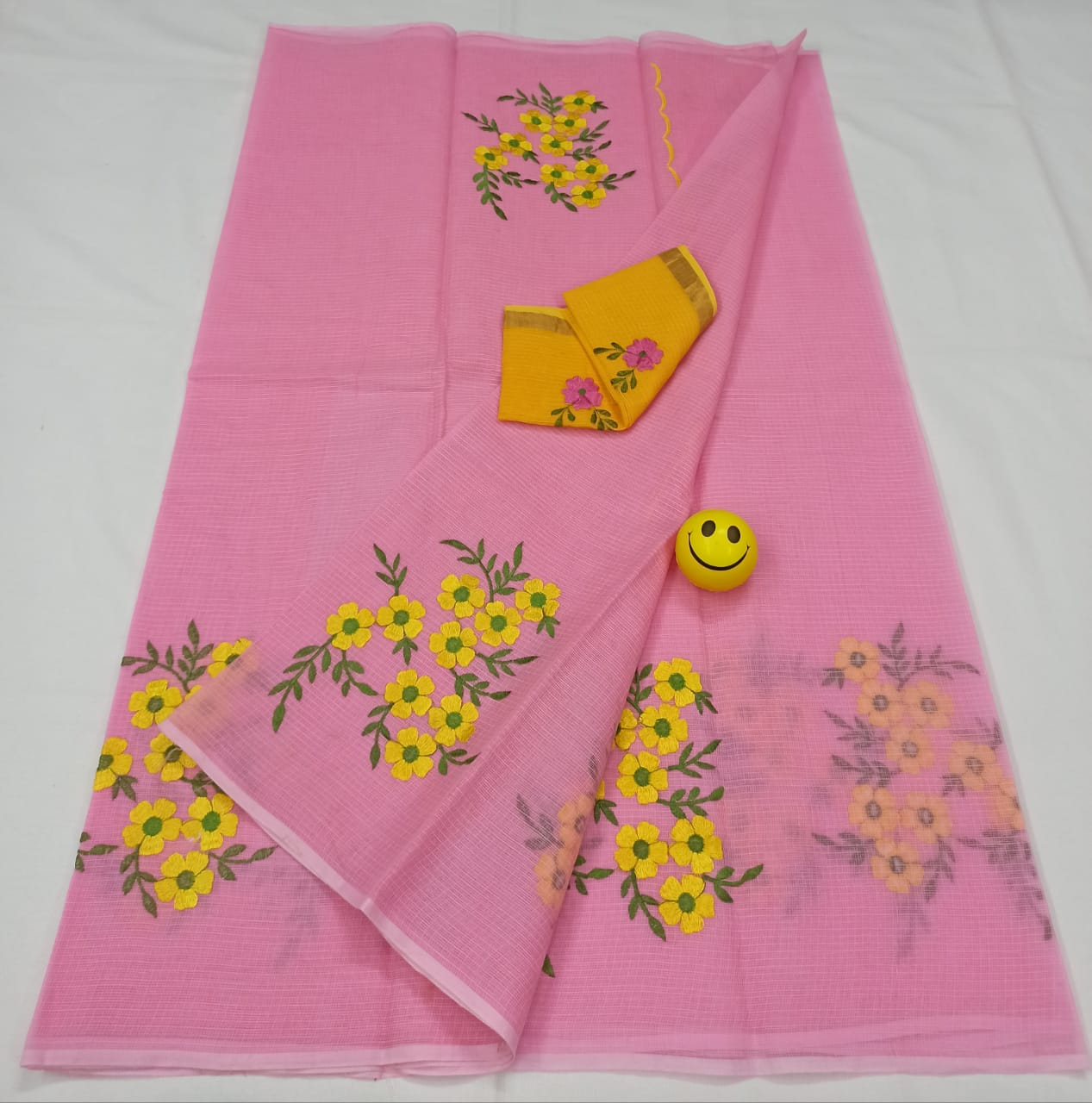 Kota Doria Pink Pure Cotton Embroidery Saree With Blouse Handcrafted-Indiehaat