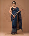 Maheshwari Silk Saree blue Handblock Printed With running blouse (Silk by Silk)