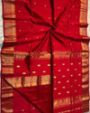 Maheshwari Handloom Handwoven Saree Crimson Red Color Double Design Zari Border, flower work Buti pallu and running blouse - IndieHaat
