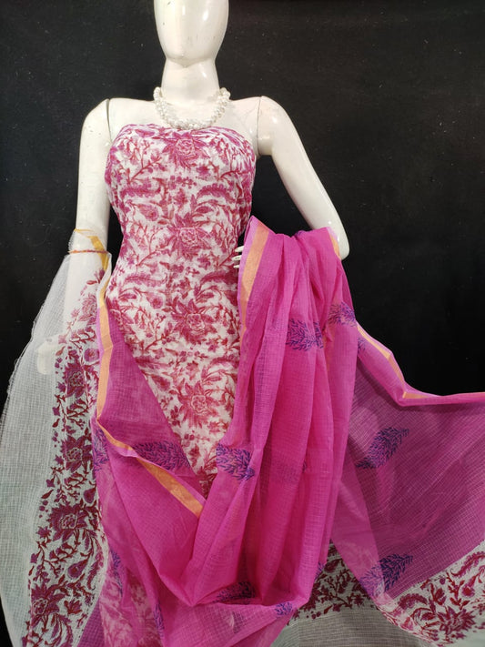 Kota Doria Pink Suit Material Handblock Printed with Zari Border Dupatta-Indiehaat