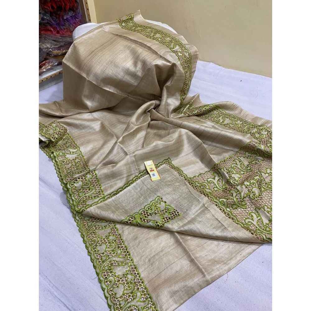 Silkmark Certified Pure Tussar Hand Cutwork Biege color Saree with Contrast Blouse-Indiehaat