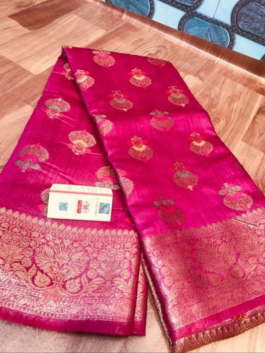 Tussar Moonga Banarasi Silk Saree Pink 13% Off - IndieHaat