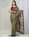 Pure Maheshwari Silk Saree Green Handblock Printed with running blouse