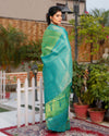 Kanjivaram Silk Saree Plae Green & Teal Blue Color with running blouse - IndieHaat