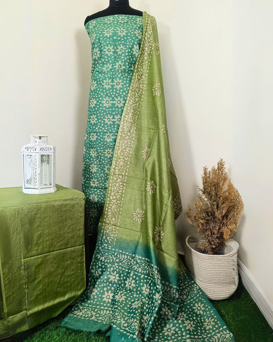 Khadi Silk Suit Sea Green Batik Print (Top+Bottom) with Bandhini Dupatta