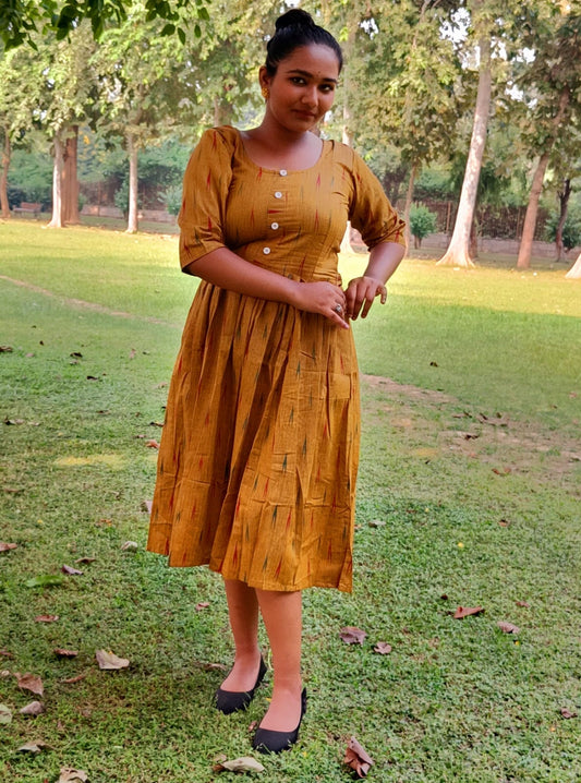 Pure Cotton Dress Ikkat Design Brown 25% Off - IndieHaat