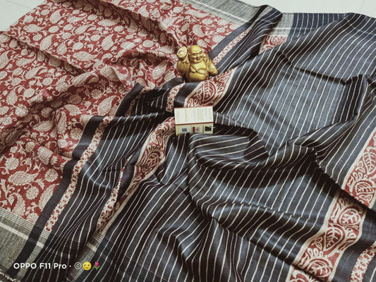 Silkmark Certified Tussar Silk Handloom Handblock Printed Black and Brown Saree with Blouse-Indiehaat