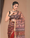 Kota Doria Cotton Saree Red Color Block printed with running blouse - IndieHaat