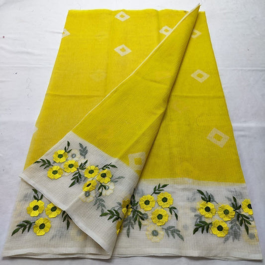 Kota Doria Saree Bandhej and Embroidery Work Yellow and White With Blouse Handcrafted-Indiehaat