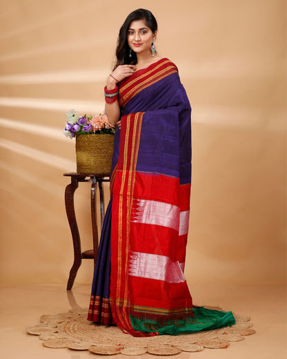 ILKAL Handloom Cotton Silk Saree Dark Indigo Color with running blouse - IndieHaat