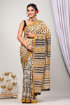 Pure Chanderi Silk  Beige  Saree Handblock Printed with running blouse