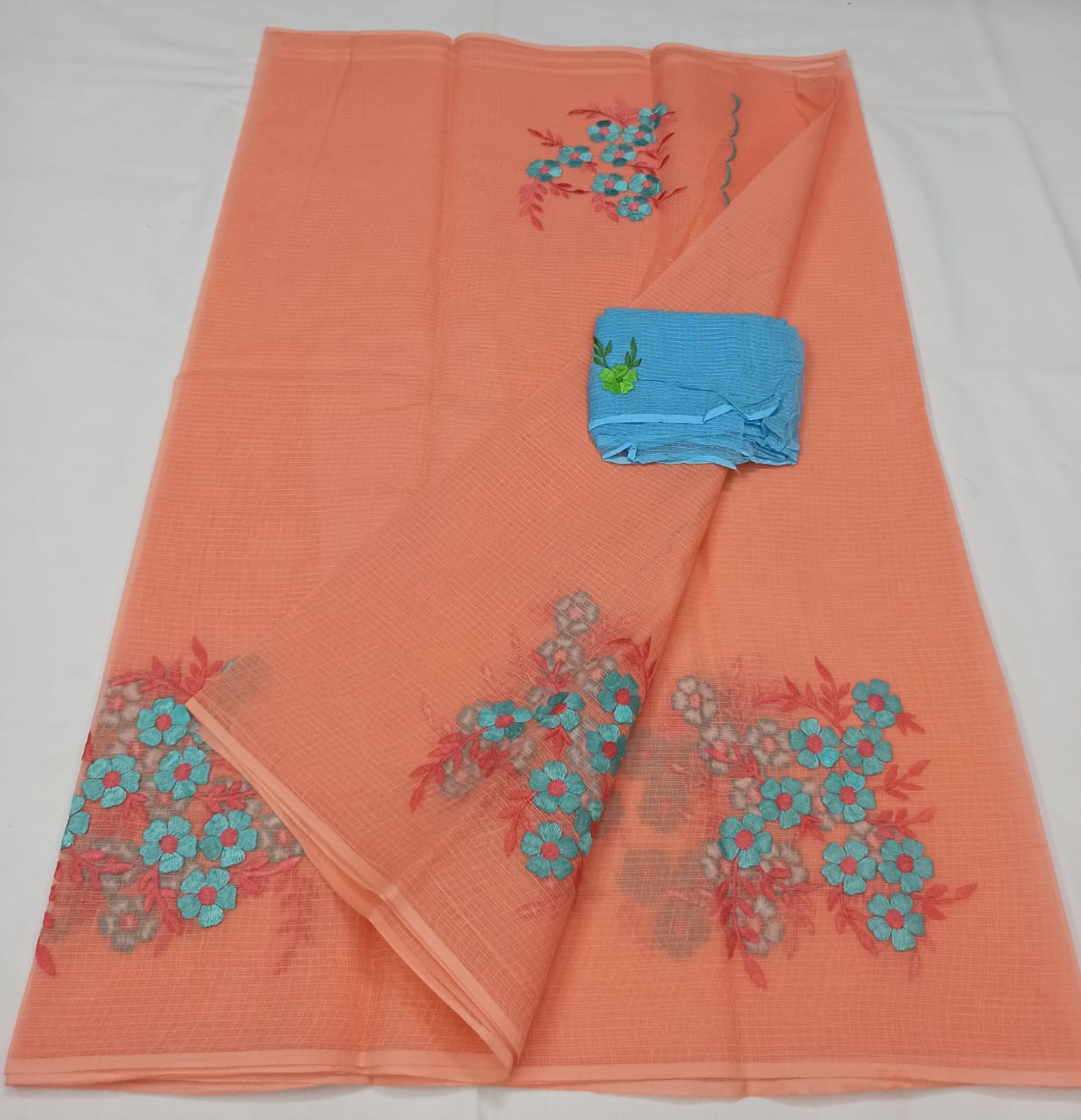 Kota Doria Orange Pure Cotton Embroidery Saree With Blouse Handcrafted-Indiehaat