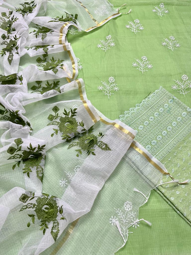 Kota Doria Suits Cross Stitch Embroidery work Green Colour (top+dupatta+bottom)