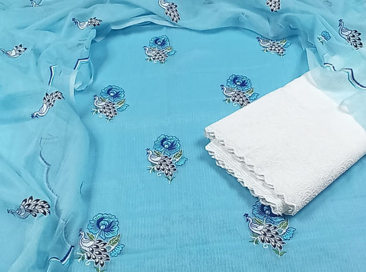 Kota Doria Embroidery Blue Suit Material with Matching Dupatta and Chikenkari White  Bottom-Indiehaat