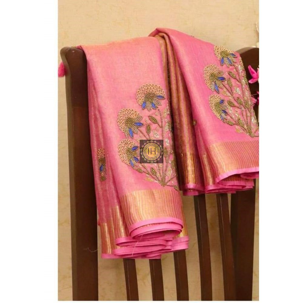 Handdyed Pure Tissue Linen Hand Embroidered Saree With Running Blouse