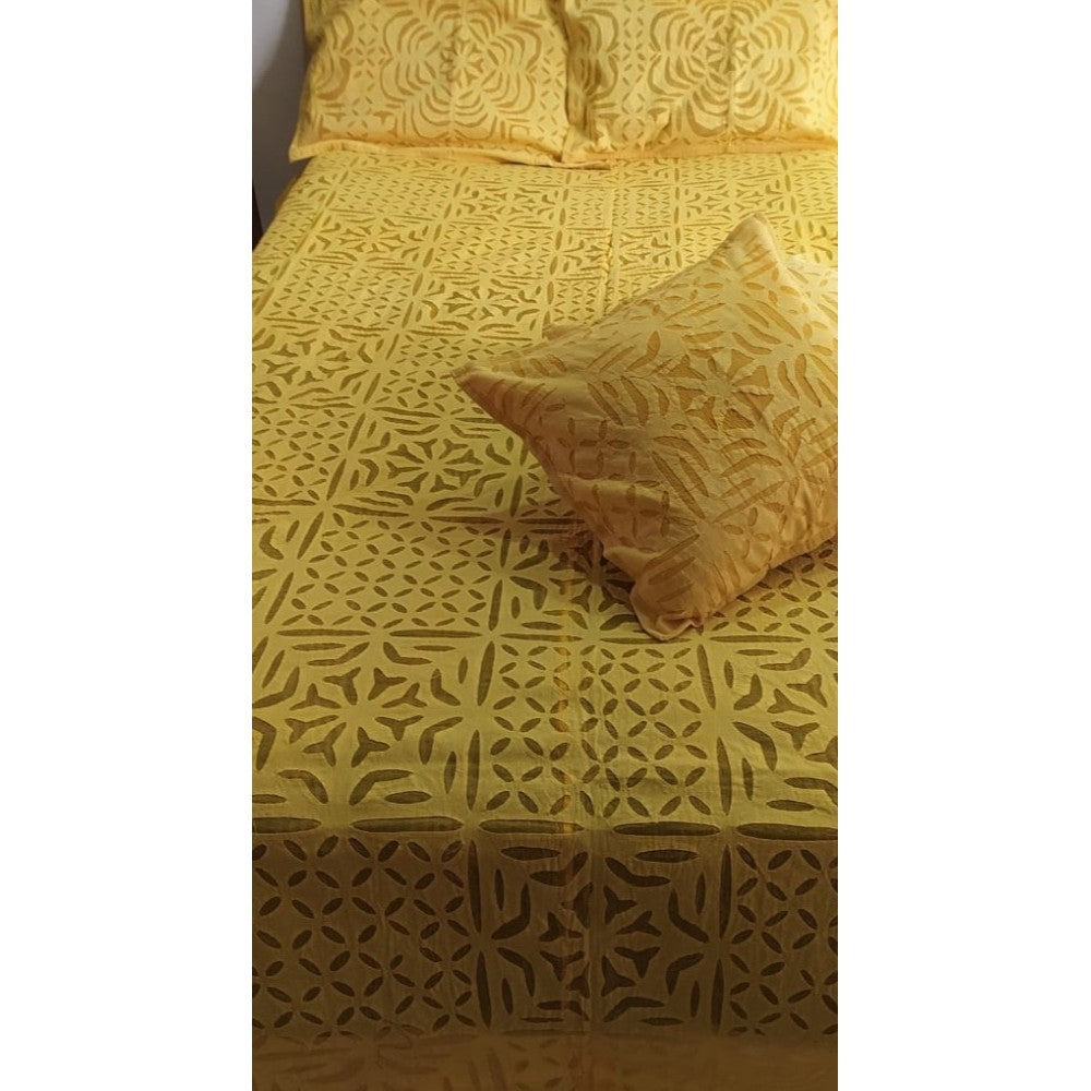 Handcrafted Mustard Yellow Aplique Work King Size Double Bed Cover (7.5 Ft X 9 Ft)
With 2 Pllow Covers And 2 Cushion Covers-Indiehaat