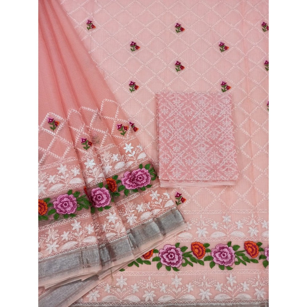 Pure Cotton Kota Doria Chikenkari Pink Saree with blouse Handcrafted-Indiehaat