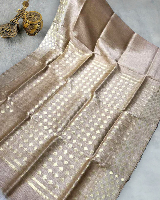 Pure Silk Linen Handloom Saree Beige Color with Weaving Pattern Design and running blouse - IndieHaat