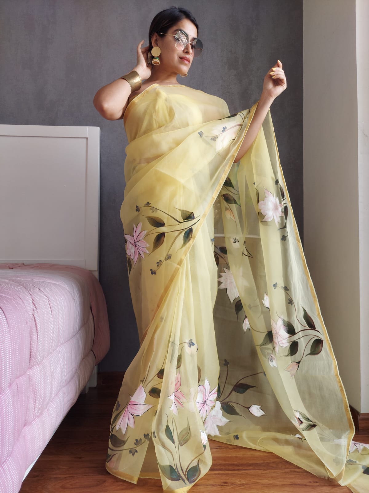 Organza Silk Saree Pale Yellow Color Hand Painted with running blouse - IndieHaat