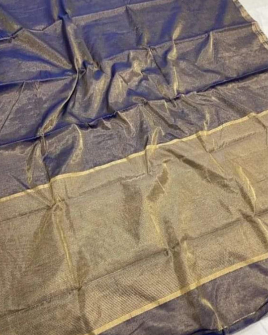 Maheshwari Tissue Silk Saree Golden Blue Color with running blouse - IndieHaat