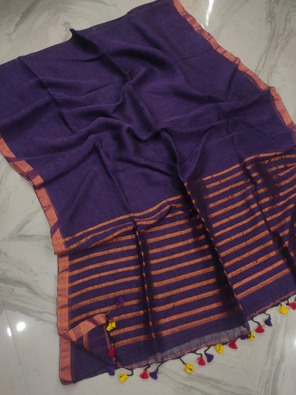 Pure Linen Dark Blue Saree Contrast Striped Pallu With Running Blouse-Indiehaat