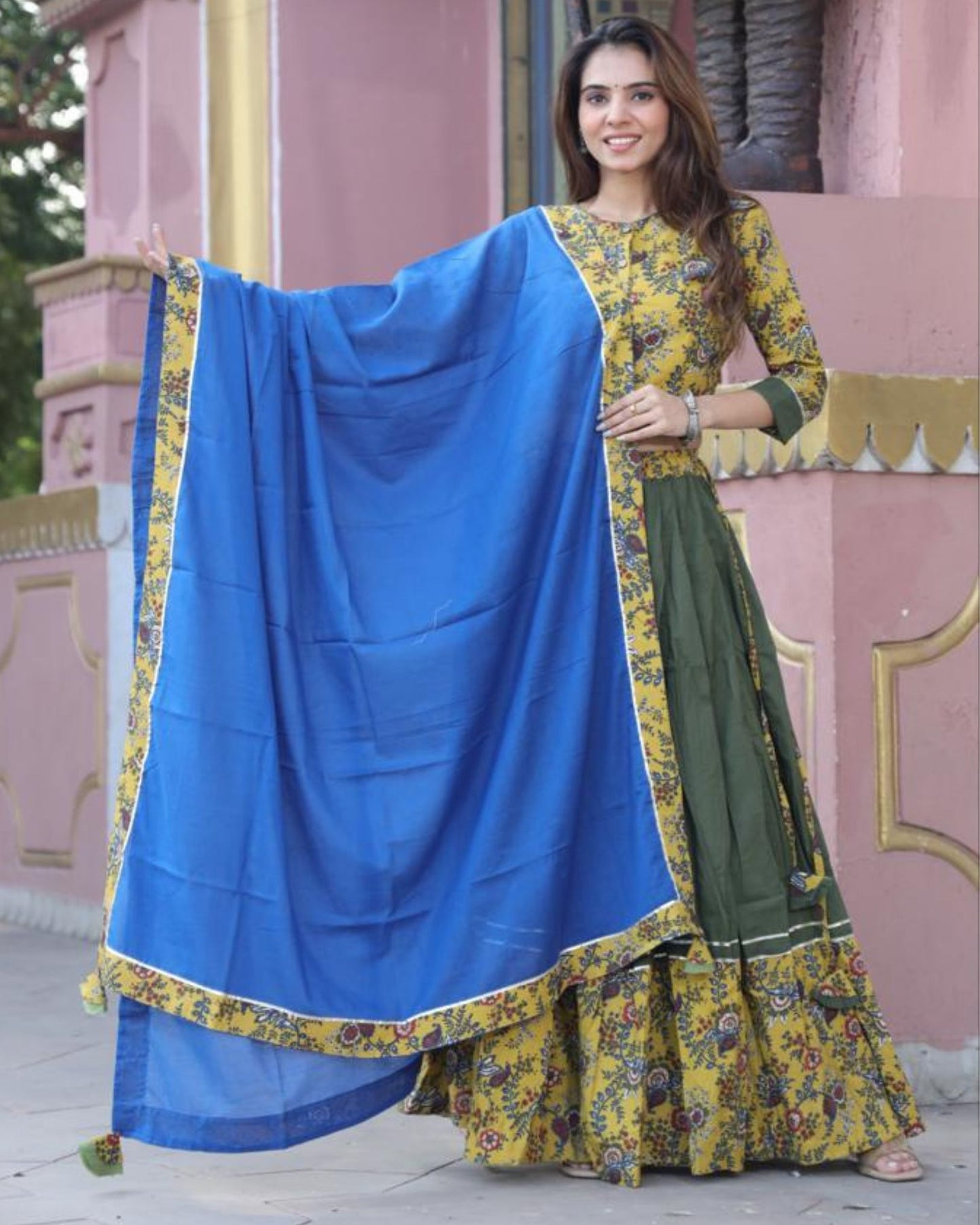 Handblock Printed Cotton Lehanga And Top With Mulmul Dupatta (Size 34-46) Yellow Color-Indiehaat
