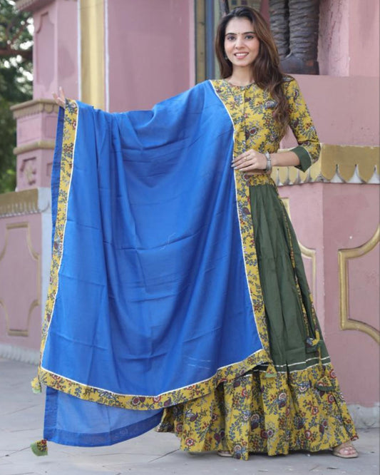 Handblock Printed Cotton Lehanga And Top With Mulmul Dupatta (Size 34-46) Yellow Color-Indiehaat