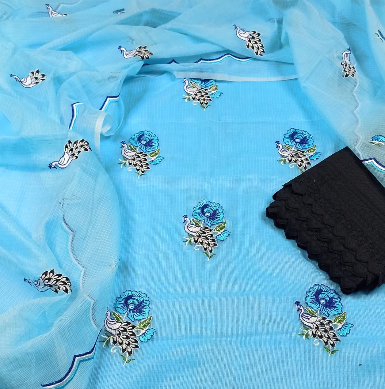 Kota Doria Embroidery Blue Suit Material with Matching Dupatta and Chikenkari Black Bottom-Indiehaat
