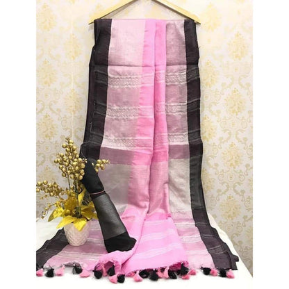 Handwoven Pure Linen Pink Saree with Blouse-Indiehaat