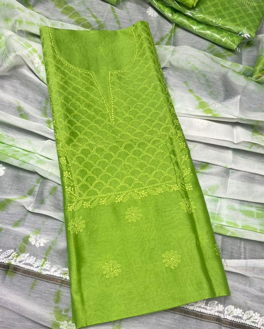 Pure Chanderi Silk Kurti Leaf Green Color with heavy Chikankari work Dupatta - IndieHaat