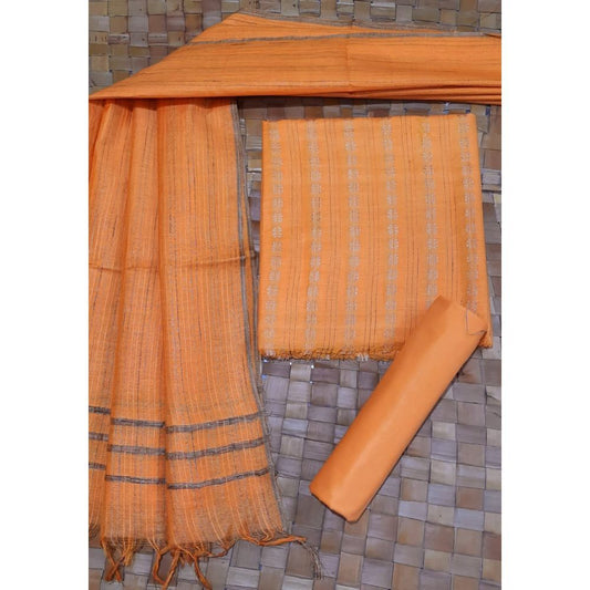 Katan Silk Orange color Suit Piece with Bottom and Dupatta Handcrafted-Indiehaat