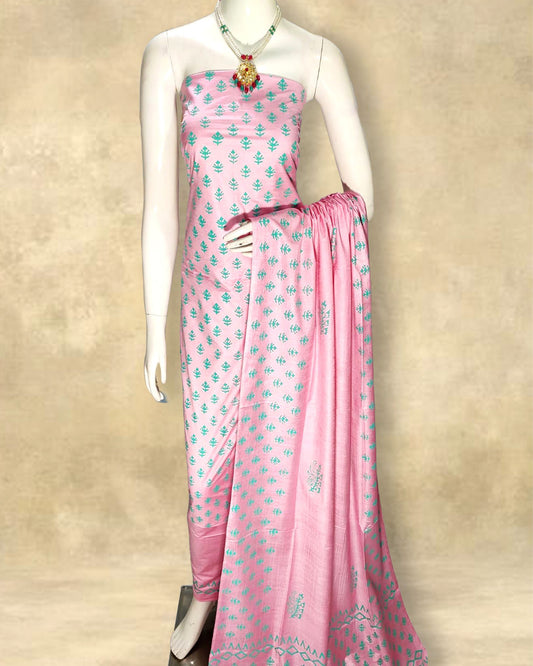 Katan Silk Suits Light Pink Color Handblock Printed - IndieHaat 