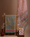Kota Doria Suit (Top+Bottom+Dupatta) Gray Color Handblock printed - IndieHaat