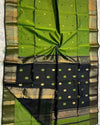 Maheshwari Silk Saree Olive Green Color Handloom Handwoven Zari Border with flower Buti work pallu and contrast blouse - IndieHaat
