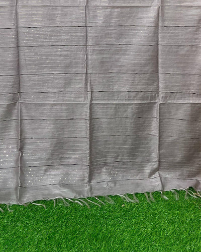 Indiehaat | Kota Silk Gray Saree Giccha Strpies with Sequence Pallu Running blouse