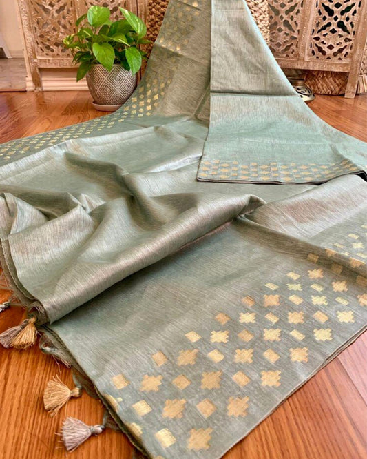 Pure Silk Linen Handloom Saree Spanish Grey Color with Weaving Pattern Design and running blouse - IndieHaat
